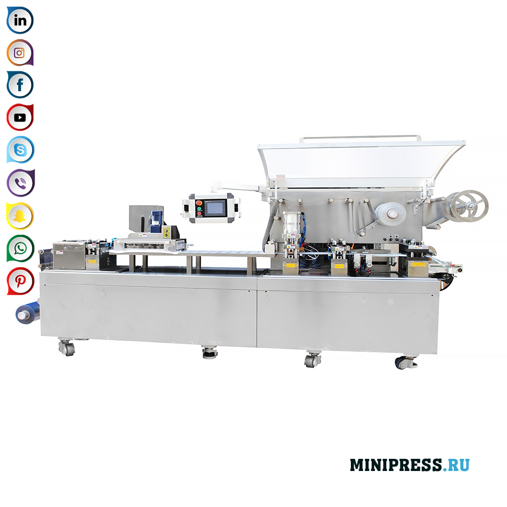Blister machine for packing capsules, tablets, dragees, milk of sweets, chewing gum, jam, liquid chocolate