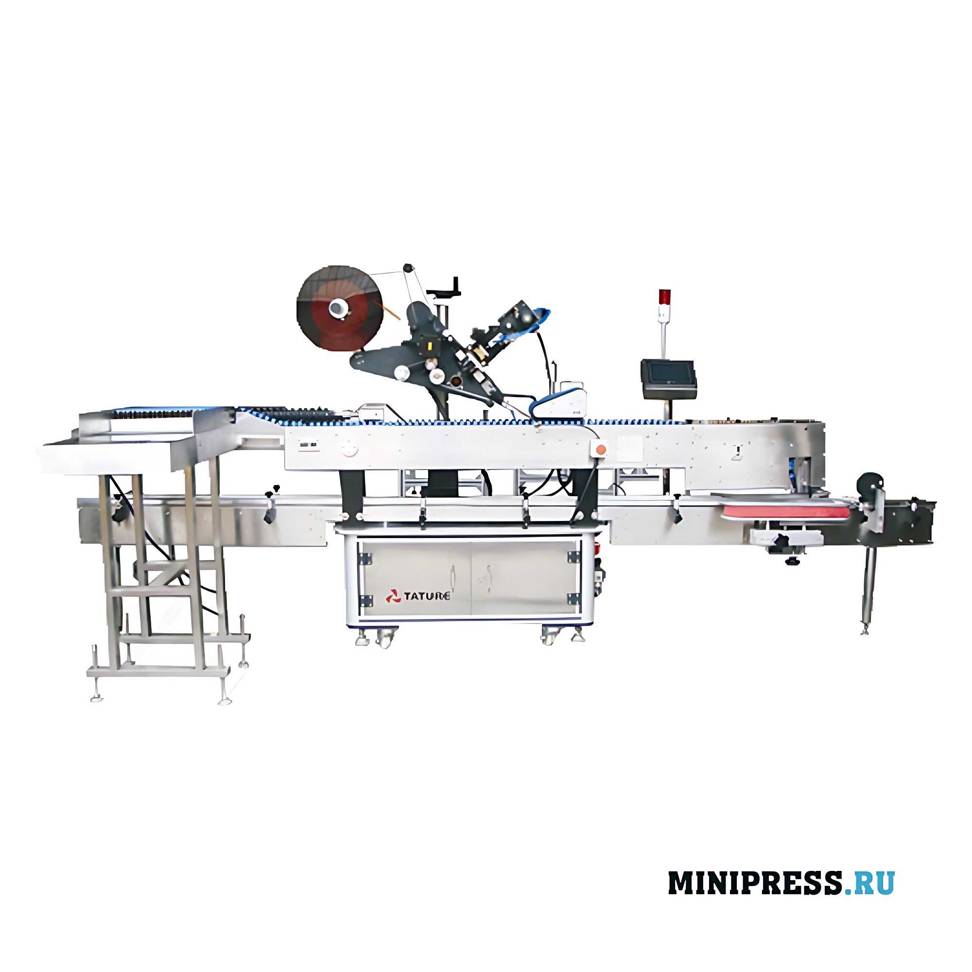 Horizontal equipment for labeling round bottles and placing them in an assembly container of TSTP 6